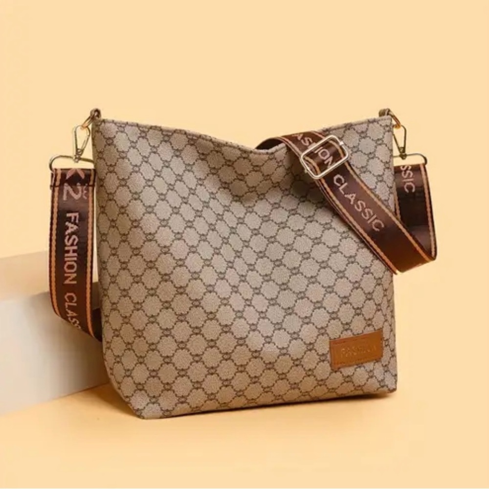 Monogram Style Beige Crossbody Bag W/Guitar Strap/Rose Gold Tone Hardware 13x10